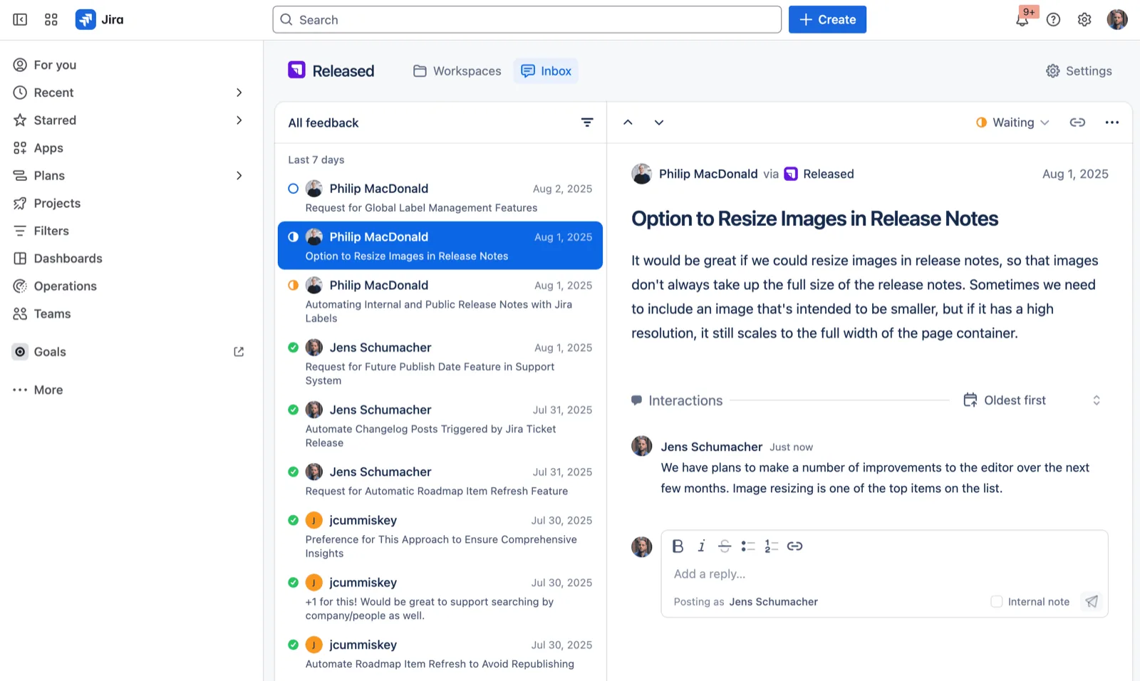 Hub feedback inbox in Jira