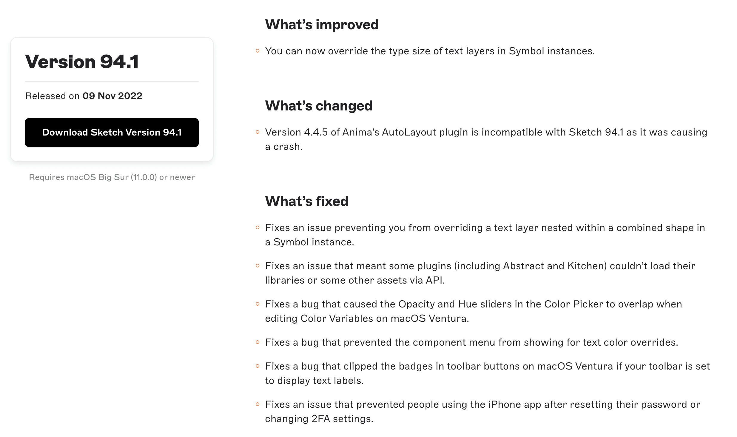 Sketch’s versioned changelog groups improvements, changed behaviour, and fixes in one scan-friendly update