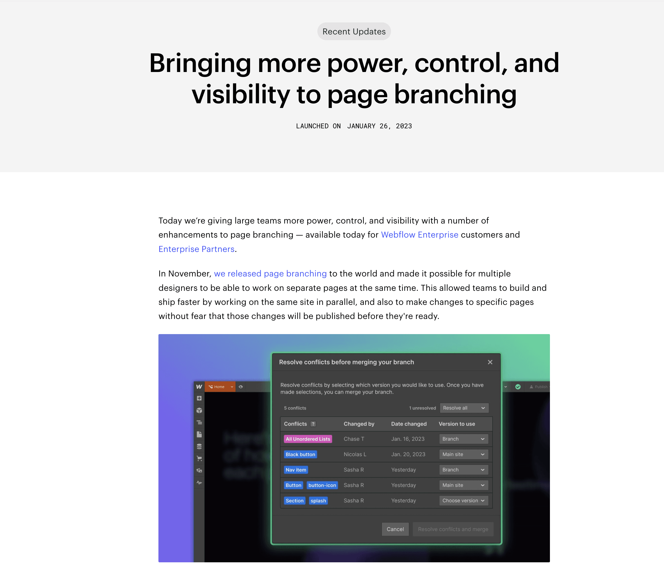 Webflow’s page-branching release note leads with the announcement and shows the new workflow