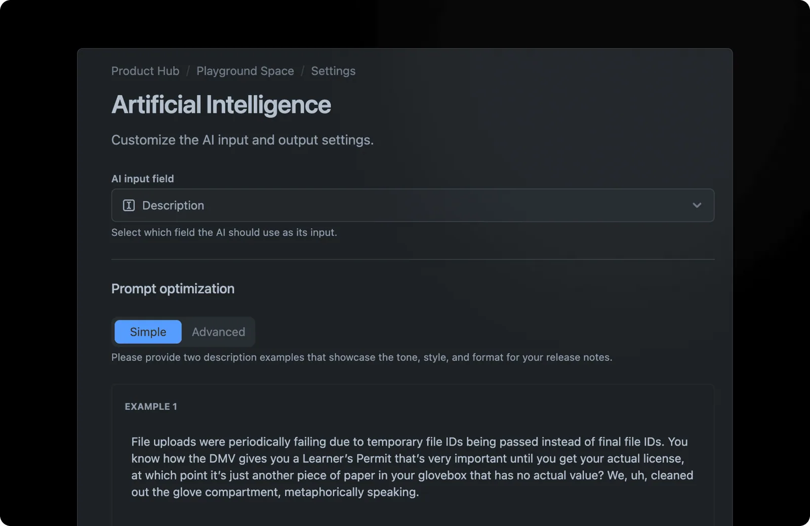 Released Hub artificial-intelligence settings with a selected Jira input field and prompt examples
