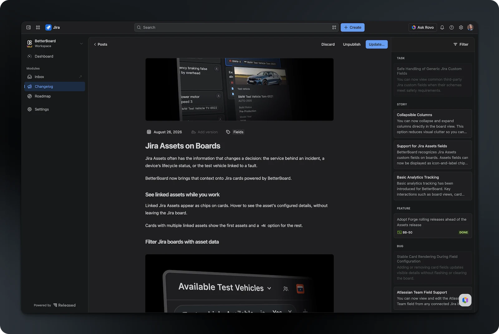 Hub release-note editor inside Jira, with completed issues ready to turn into a customer update
