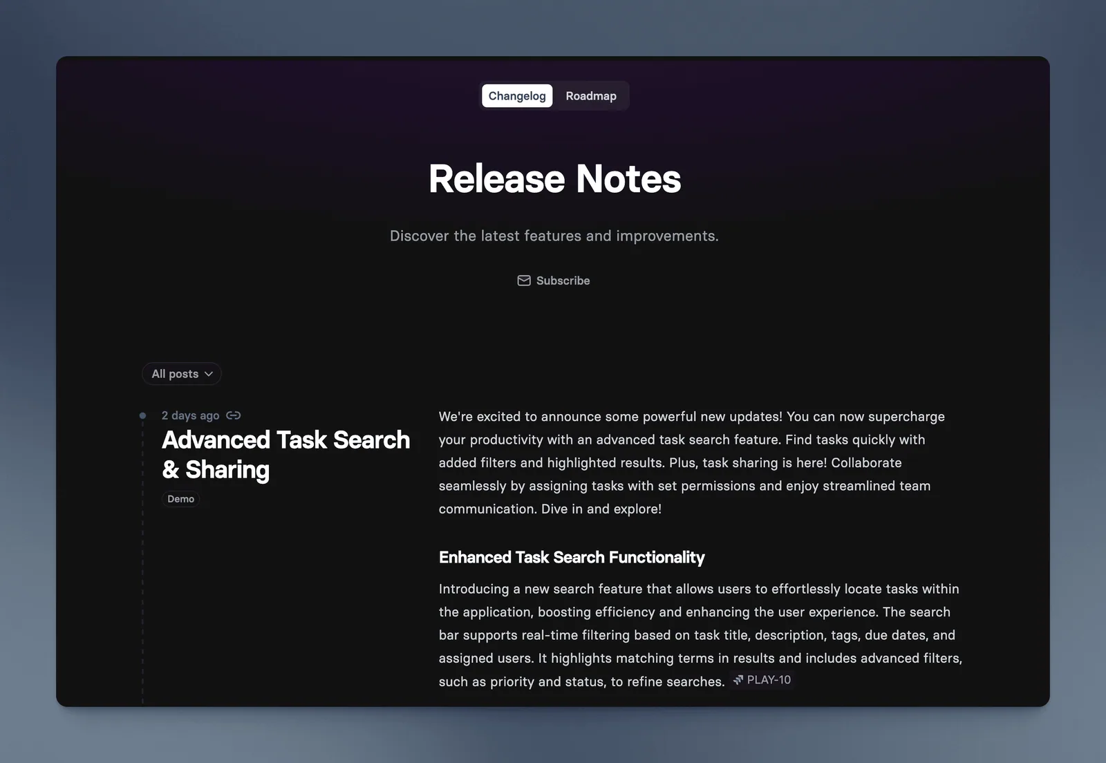 A published Released Hub changelog in dark mode with a detailed update linked back to Jira
